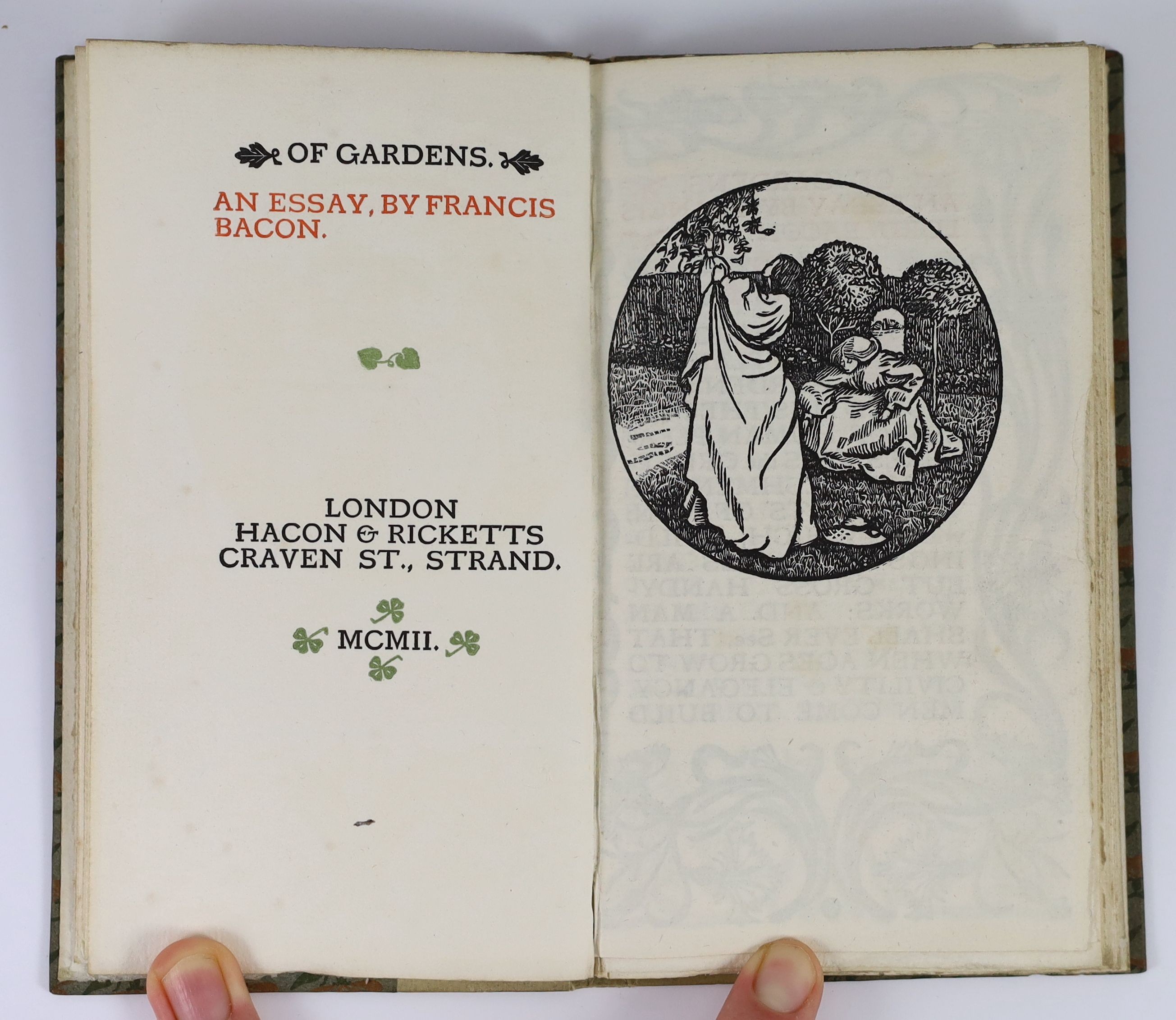 Eragny Press - Bacon, Francis, Sir - Of Gardens: An Essay, one of 226, frontis engraved by Lucien Pissarro, 12mo, original paper backed boards, Hacon & Ricketts, London, 1902